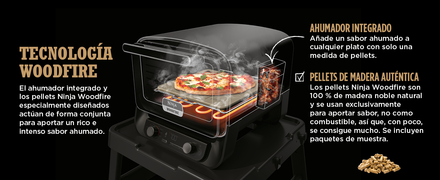 Tecnologí Woodfire de Ninja: Ahumador integrado que quema pellets de madera 100% natural para crear sabores ahumados reales